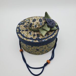 Vintage Round Bonnet Pin Cushion and Sewing Box in Blue and Green Floral Design